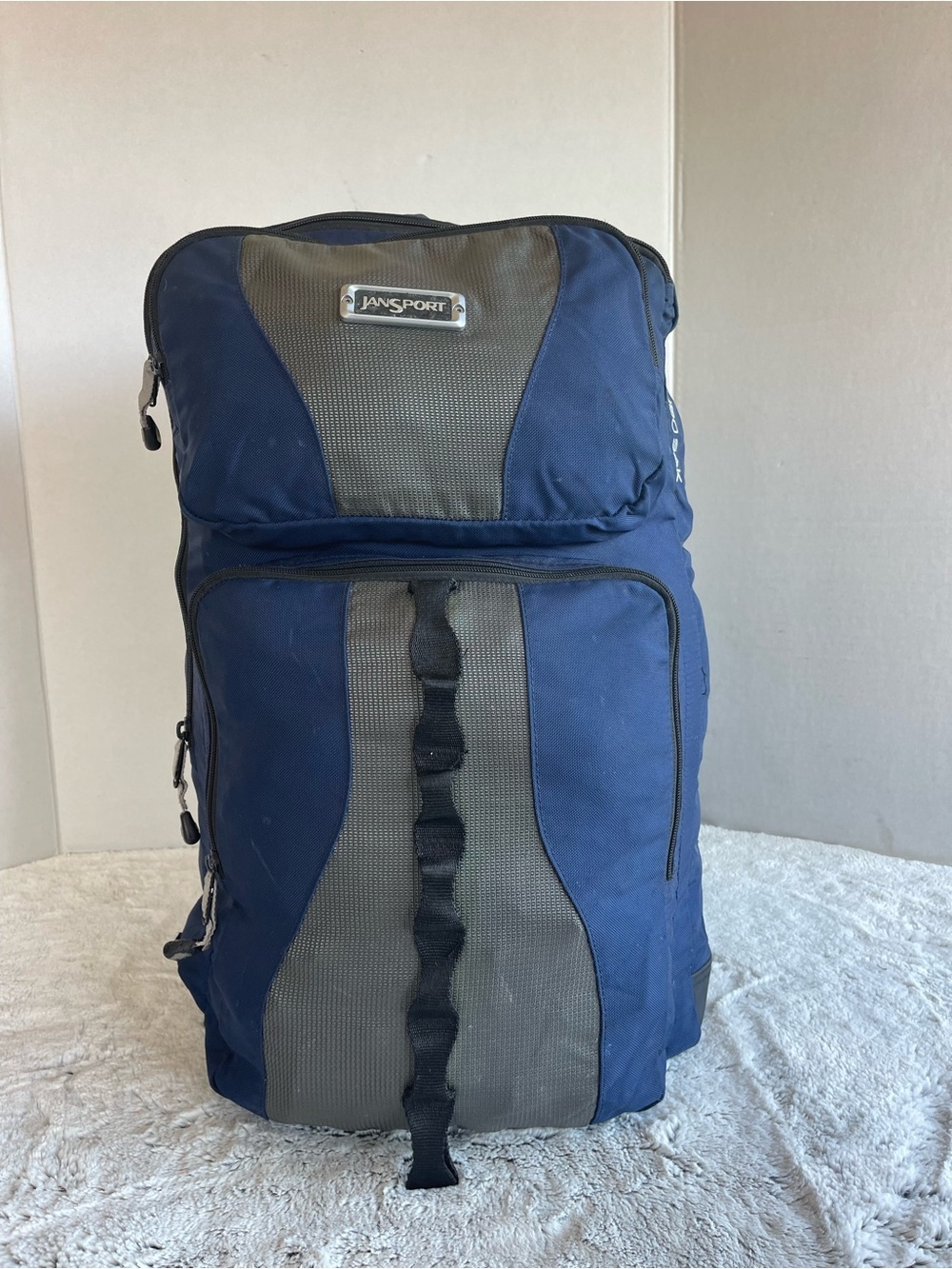 Jansport Blue and Gray Hiking Backpack with Front Gear Loop